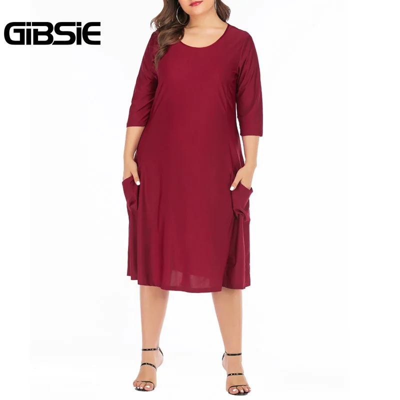 

GIBSIE для спорта с двойными карманами, одноцветная, крыглый ворот, Платье 4xl 5xl 6xl размера плюс, повседневные женские платья 2021 летние с коротки...