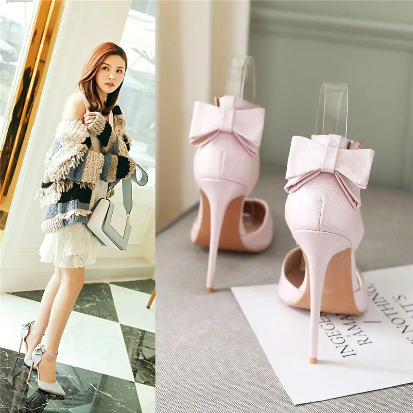 Туфли-лодочки женские на шпильке 12 см заостренный носок бант высокий тонкий