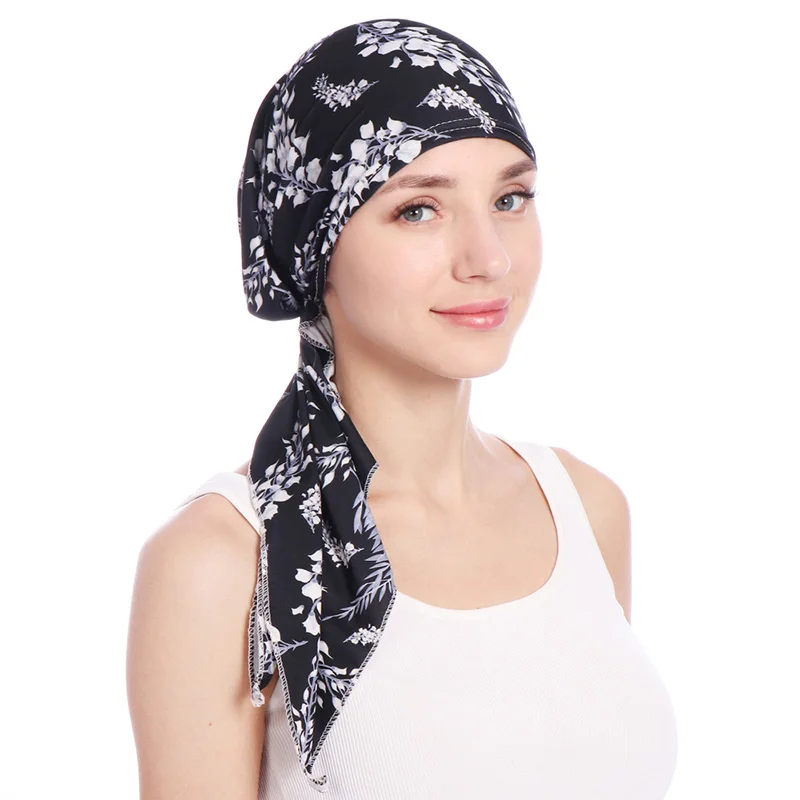 

Vintage Women Muslim Turbantes Floral Printed Long Inner Hijab Colorful Turban Headwear Head Wrap Breathable Female Beanies Caps