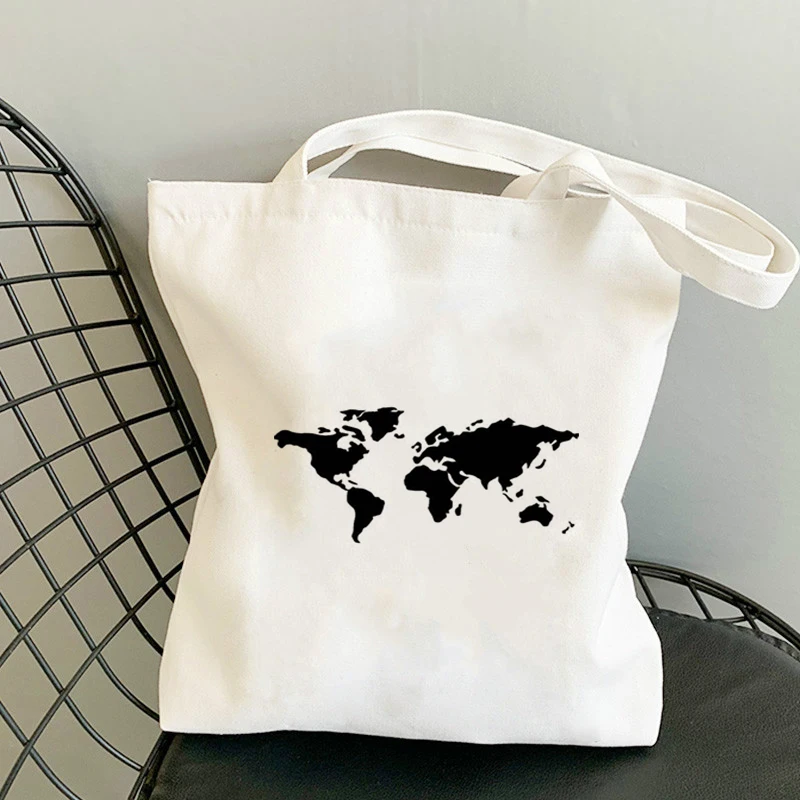 

World Map Denim Bag Reusable Shopping List Woman Cloth Bags for Women Cotton Tote Jute Shopper Shoulder Travel Beach Sea