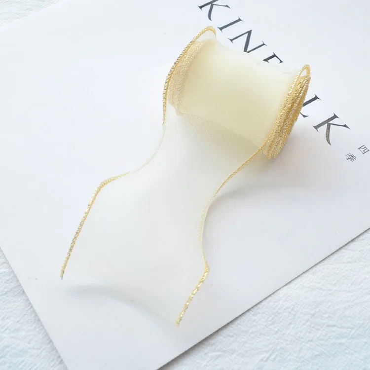 Лента из шифоновой органзы с золотым краем 55 мм|Ленты для шитья| |