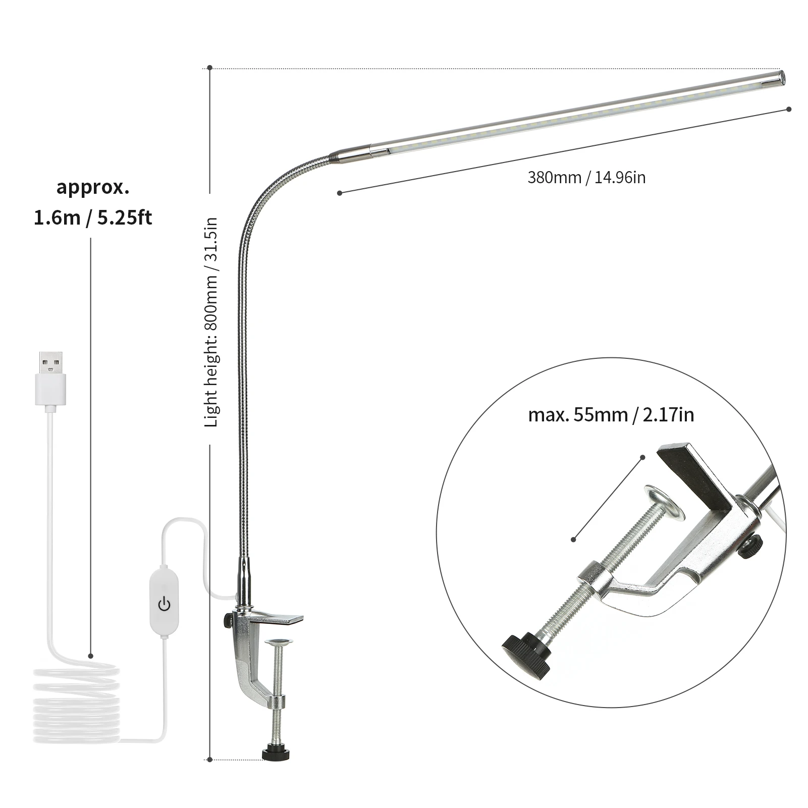 

USB Clip-on Desk Lamp White Lighting Touching Control Table Lamp Dimmable LED Reading Light Flexible for Bed Headboard Workbench