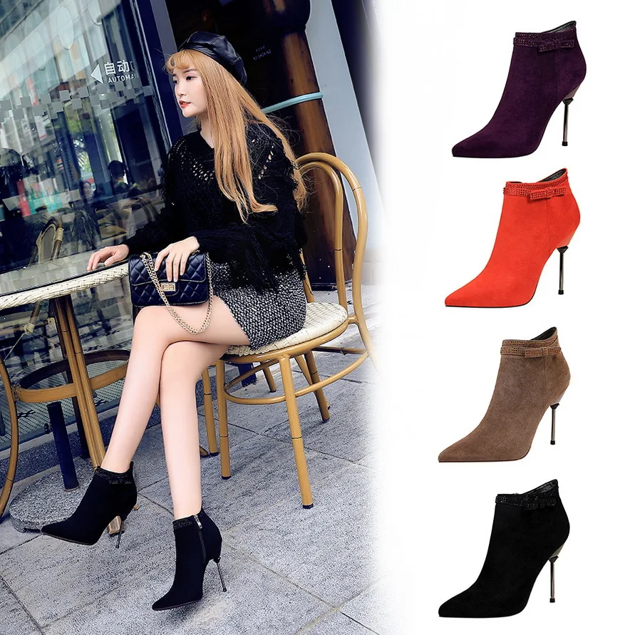 

Beauty style top solid color black women red wedding shoes pointed high heel boots shoes women ankle boots