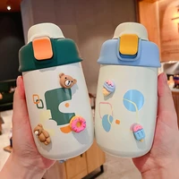 new creative abstract painting vacuum flask portable big belly thermos cup cute water bottle straw cup with decoration and strap