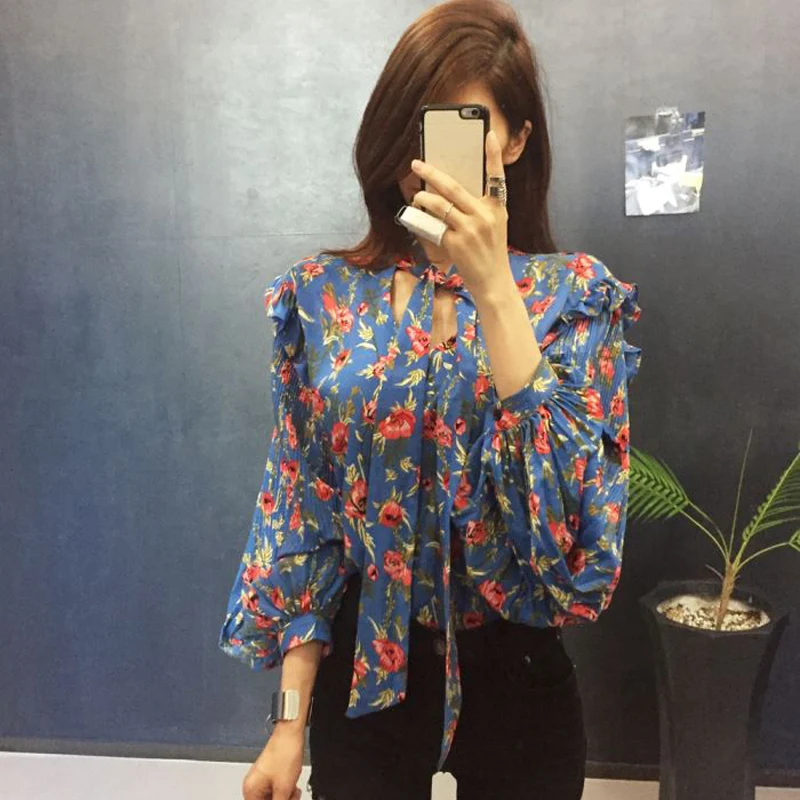 Женская блузка с рукавами-фонариками элегантная Свободная рубашка на шнуровке