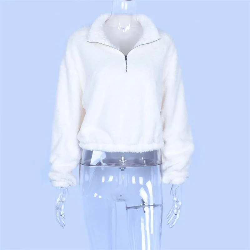 

Long Sleeve Zipper High-Neck Faux Lambswool Pullover 2021 Spring Autumn Warm Women Fashion Solid Loose All-Match Sweatshirt Tops