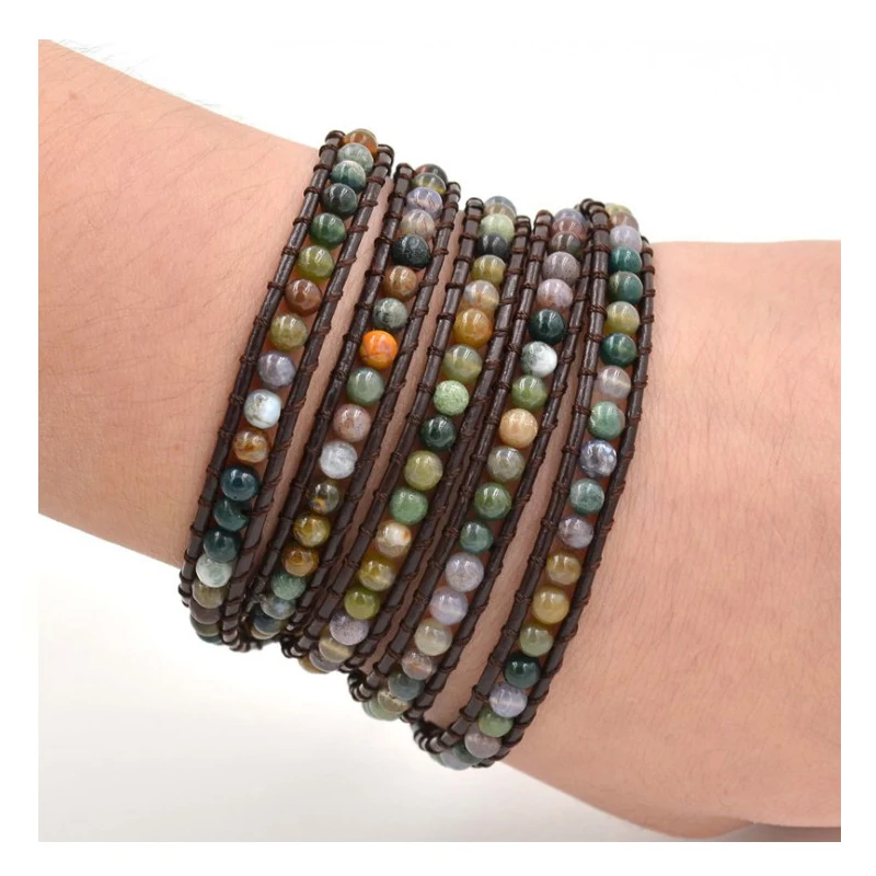 

Ygline feminino boho pulseira de pedra natural 5x couro wrap pulseira de pedra frisada pulseira drop shipping
