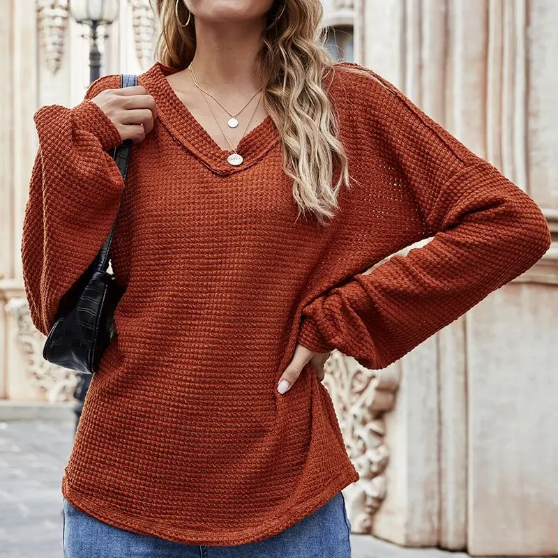 

Autumn Winter V Neck Sexy Lantern Long Sleeve Women Knit Sweater Pullover New Fashion Top Casual Loose Tops