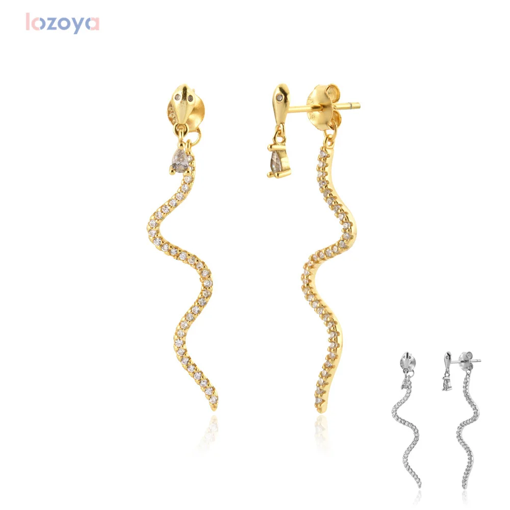 

Lozoya 925 Sterling Silver Gold Clear CZ Snake Base Drop Earring Clear Party Piercing Pendiente Clips Women Luxury Jewelry Gift