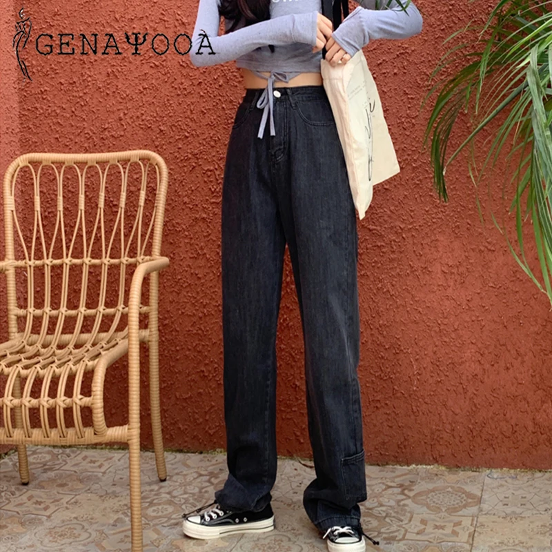 

Женские свободные джинсы Genayooa, черные джинсы с широкими штанинами и высокой талией в уличном стиле, модель 2019