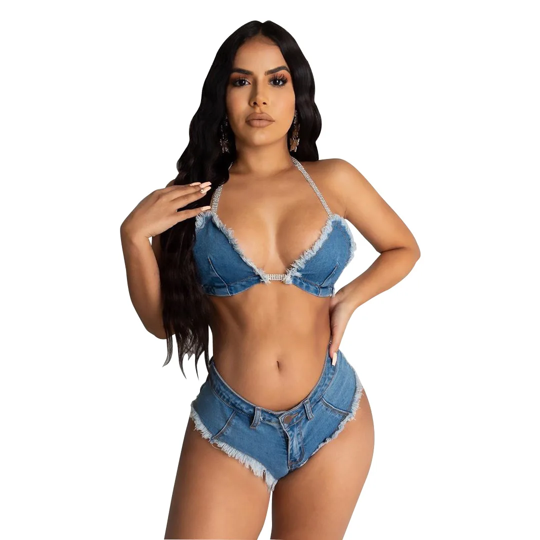 Sexy Jean Swimsuit Women 2 Pieces Set Tassled Denim Halter Drawstring Bra + Mini Shorts Women's Party Club Swimwear Bikini Suit