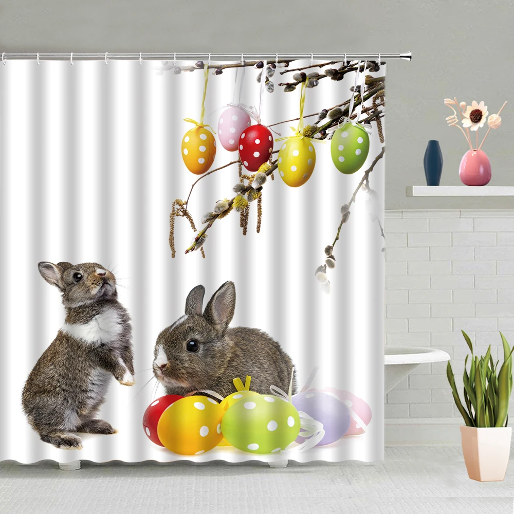 

Пасхальный кролик, занавеска для душа, животные, цветные яйца, 3D печать, водонепроницаемый крючок, экран для ванной комнаты, настенная подве...