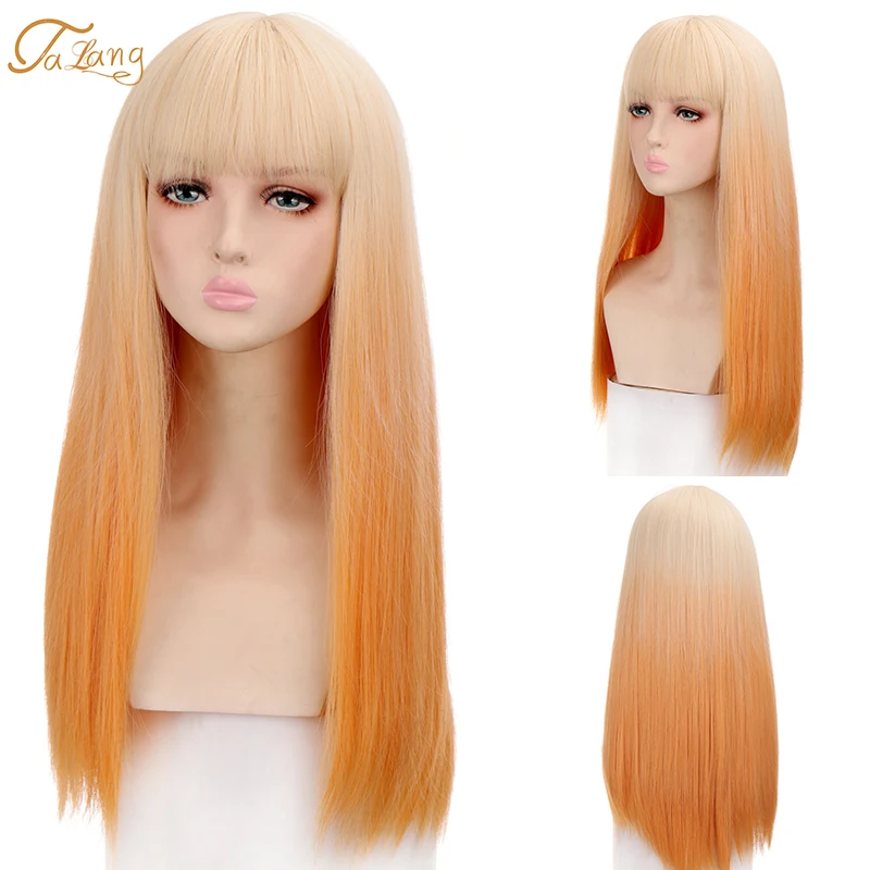 

Long Straight Kumquat Synthetic Wigs With Bangs For Women Hair Heat Resistant Fiber Cosplay Wig Lolita Party Daily Natural
