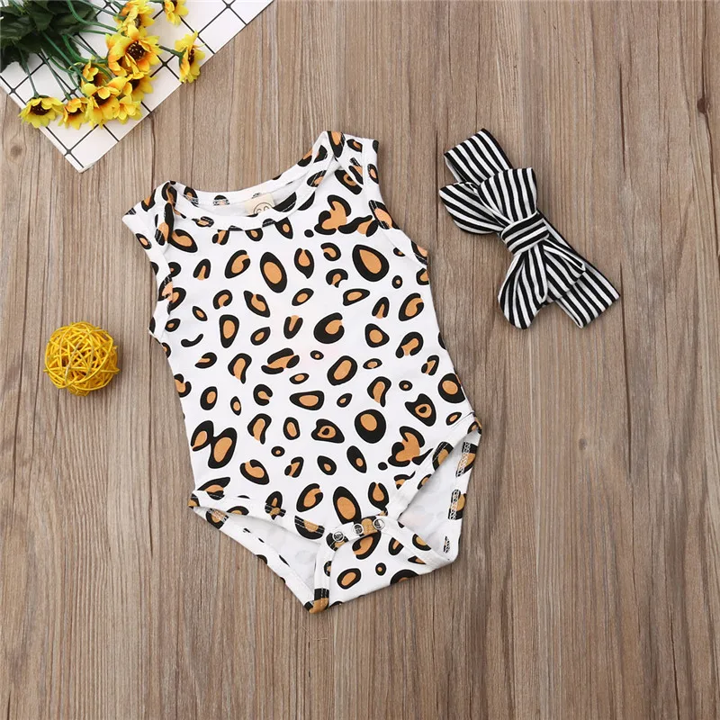 

Newborn Toddler Baby Boys Girls clothes Leopard print round neck Bodysuit bow striped Headband 2pc cotton Outfits