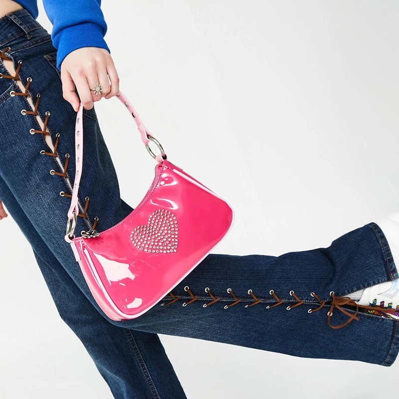 Sweet Girls Cute Kawaii Pink Baguette Bag Women 90s Vintage Rhinestone Heart Mini Handbag Chic Patent Leather PU Axillary Pouch | Багаж и