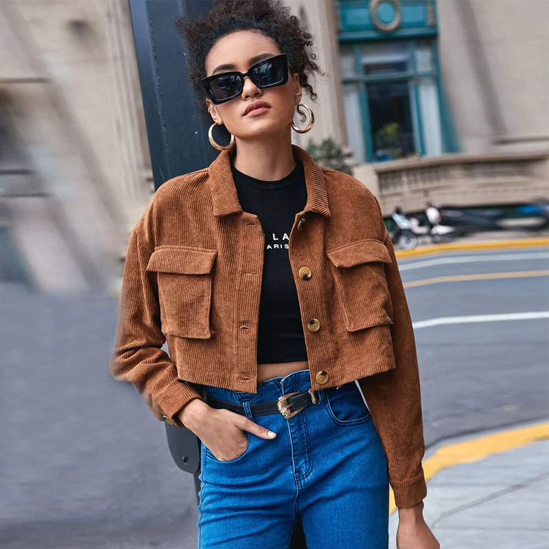 

Autumn Corduroy Crop Jacket Women Pocket Long Sleeves Outwear Brown Long Sleeves Short Coats Korean Street Wear Clothes New