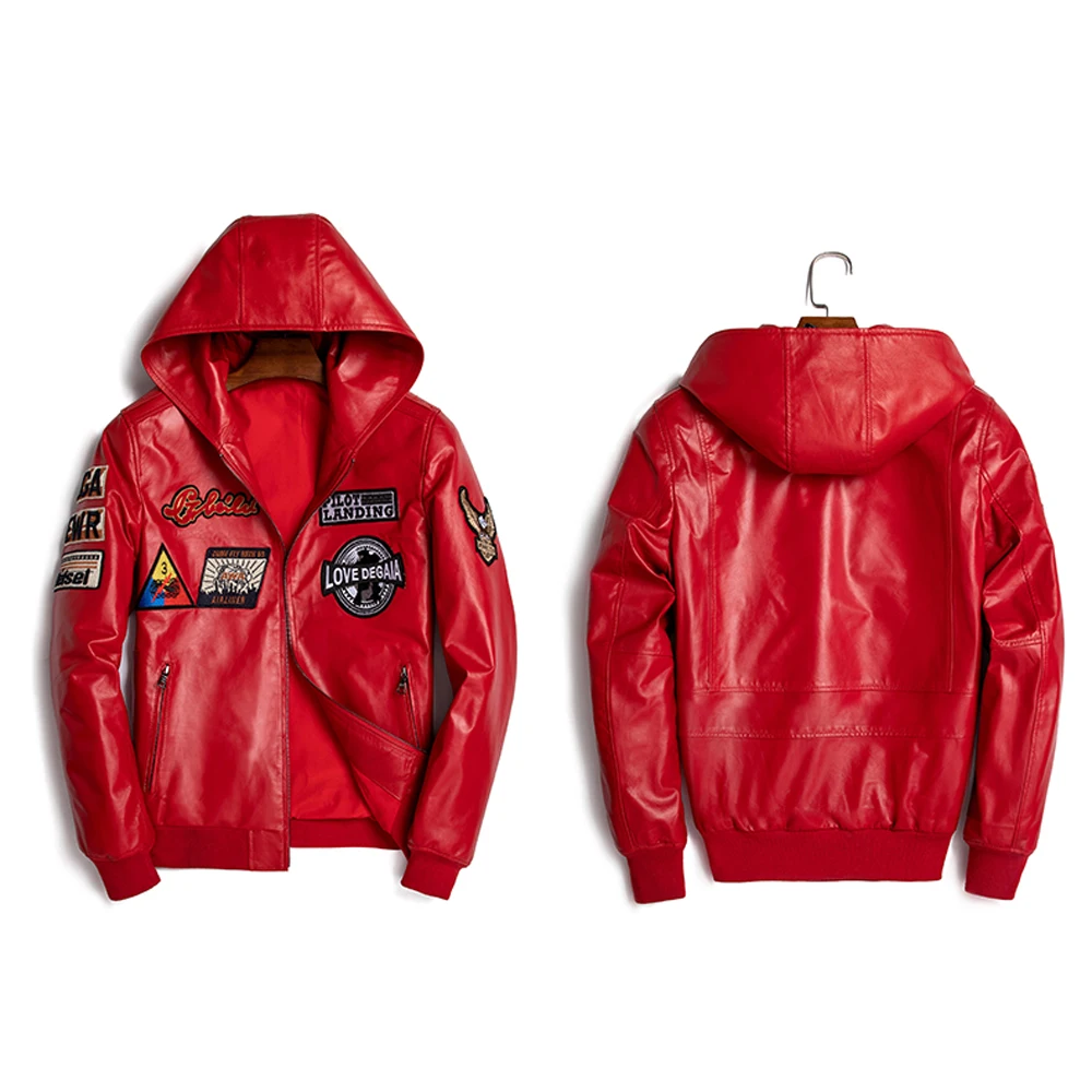 Мужская кожаная куртка с капюшоном красная Повседневная Верхняя одежда из