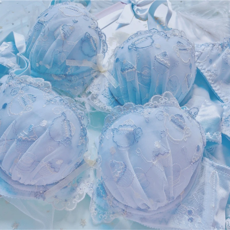 Women Set 2 Piece Japanese Sexy Bra Panties Push Up Kawaii Cup Plus Size Lingerie Femme White Blue Bra Panties Thong New