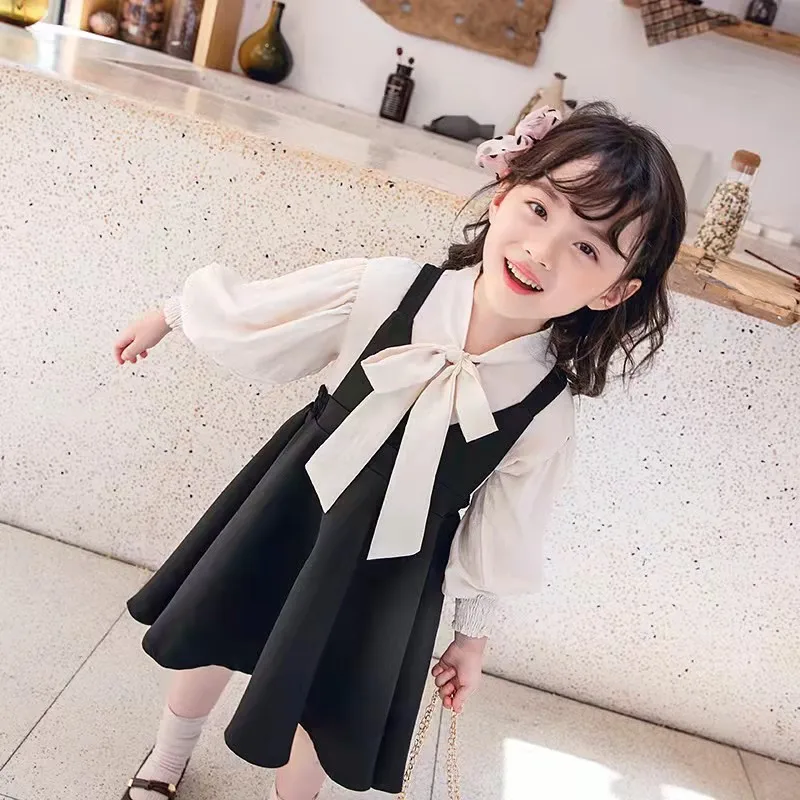 

Girls Suits Palace Korean Style Top And Vest Dress Cotton Solid Color Bow Autumn New Children'S Clothing 3-8 Years Old