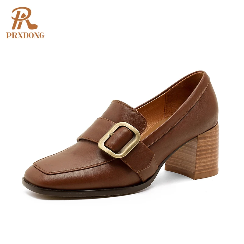 

2021 New Genuine Leather Shoes British Style Square Toe Slip-on Pumps Loafers Classics Casual High Heels Women Girls Brown Black