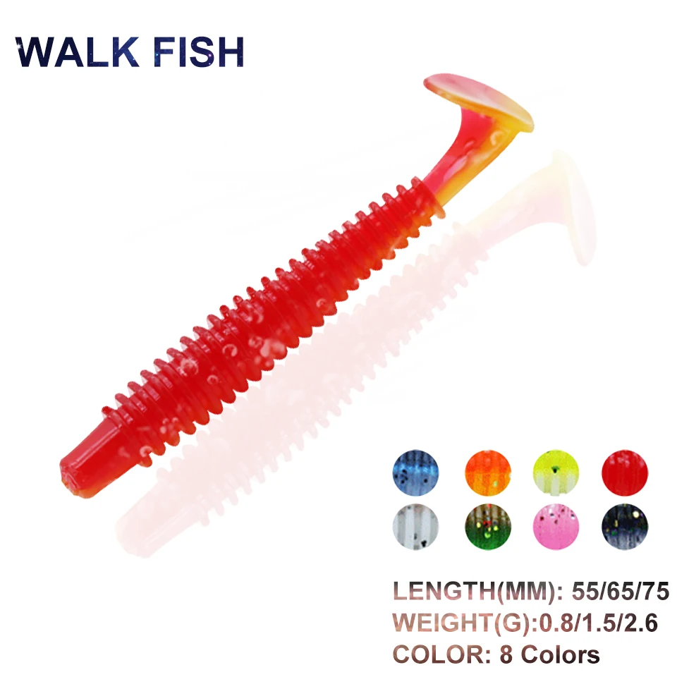 

WALK FISH 50Pcs/Lot 0.8g/1.5g/2.6g Two-Color T Tail Soft Fishing Lure Threaded Silicone Shad Worms Lure Swimbait Fishing Tools