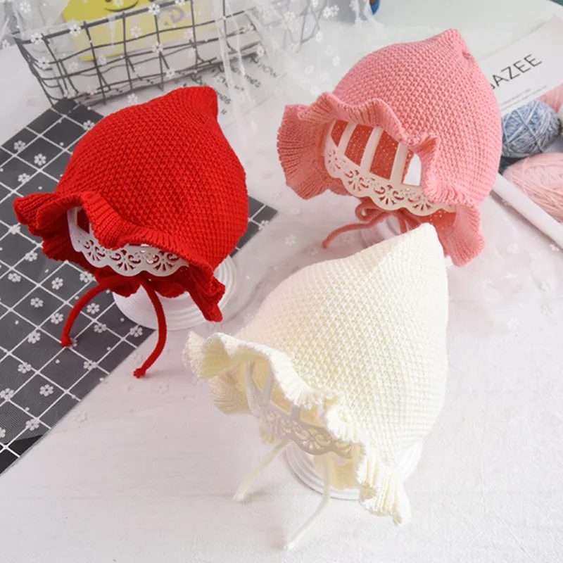 Шапочка для новорожденных девочек с милым цветком вязаная теплая весна-осень |