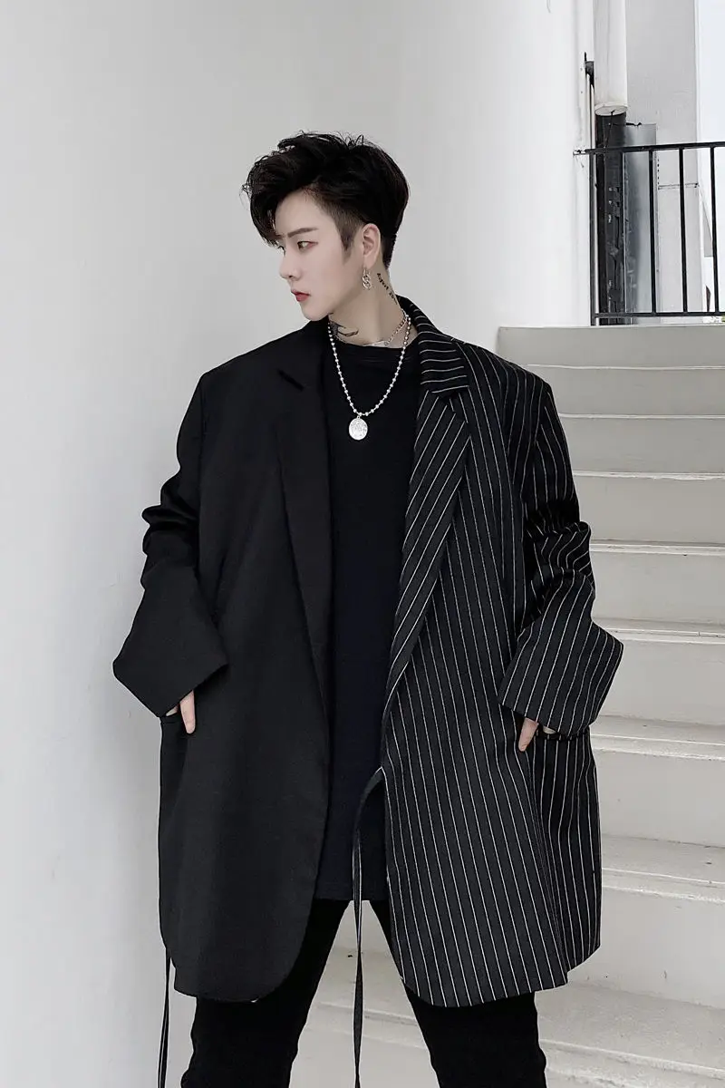 

men's wear autumn new double half stitching striped strings bandage blazers niche design loose suit jacket male