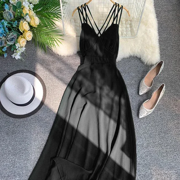 Длинное платье с открытой спиной и лямкой на шее женское повседневное зеленое v