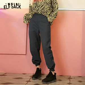 ELFSACK, серые, одноцветные, с высокой талией, прямые, повседневные, женские штаны карго, весна 2020, чистый карман, обтягивающие ноги, корейские, женские, повседневные брюки