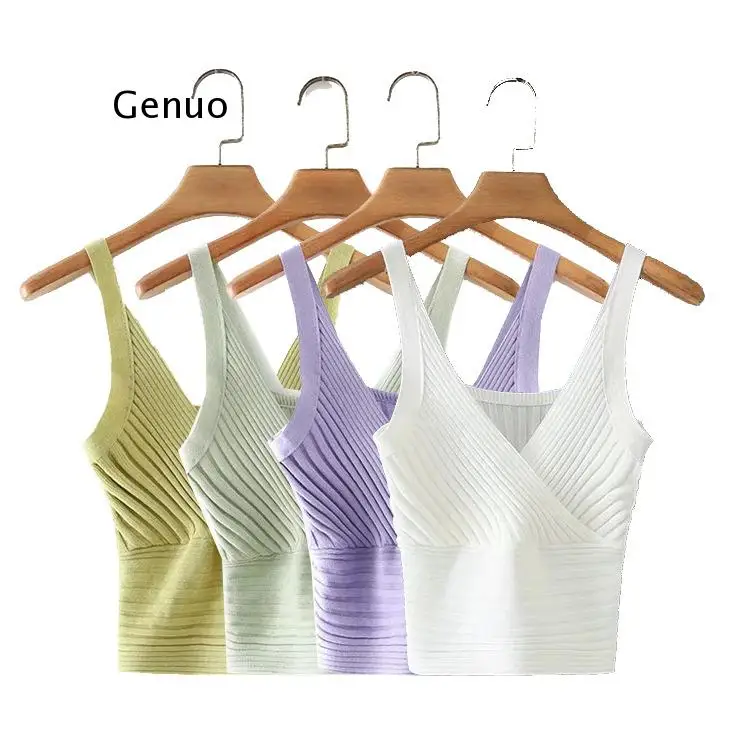 

Summer Retro Pit Knit Vest V-Neck Solid Color High Waist Halter Top Women Street Short Knitted Slim Suspender Top Camis Womens