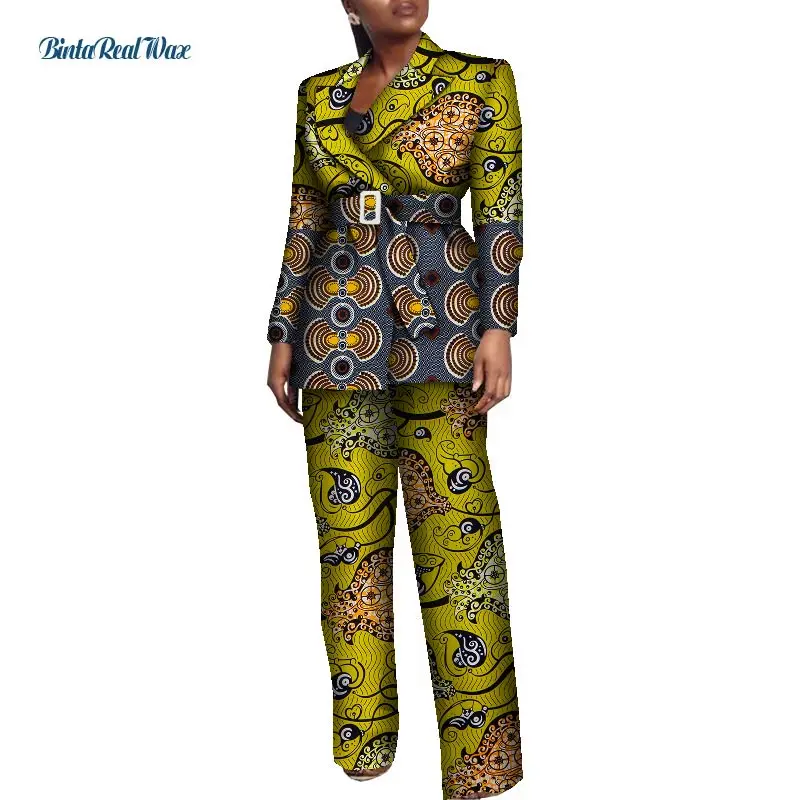 New Office Women Clothes African Print Patchwork Turn-Down Collar Suit Pants for Women Bazin Riche 2 Pieces Pants Sets WY8557