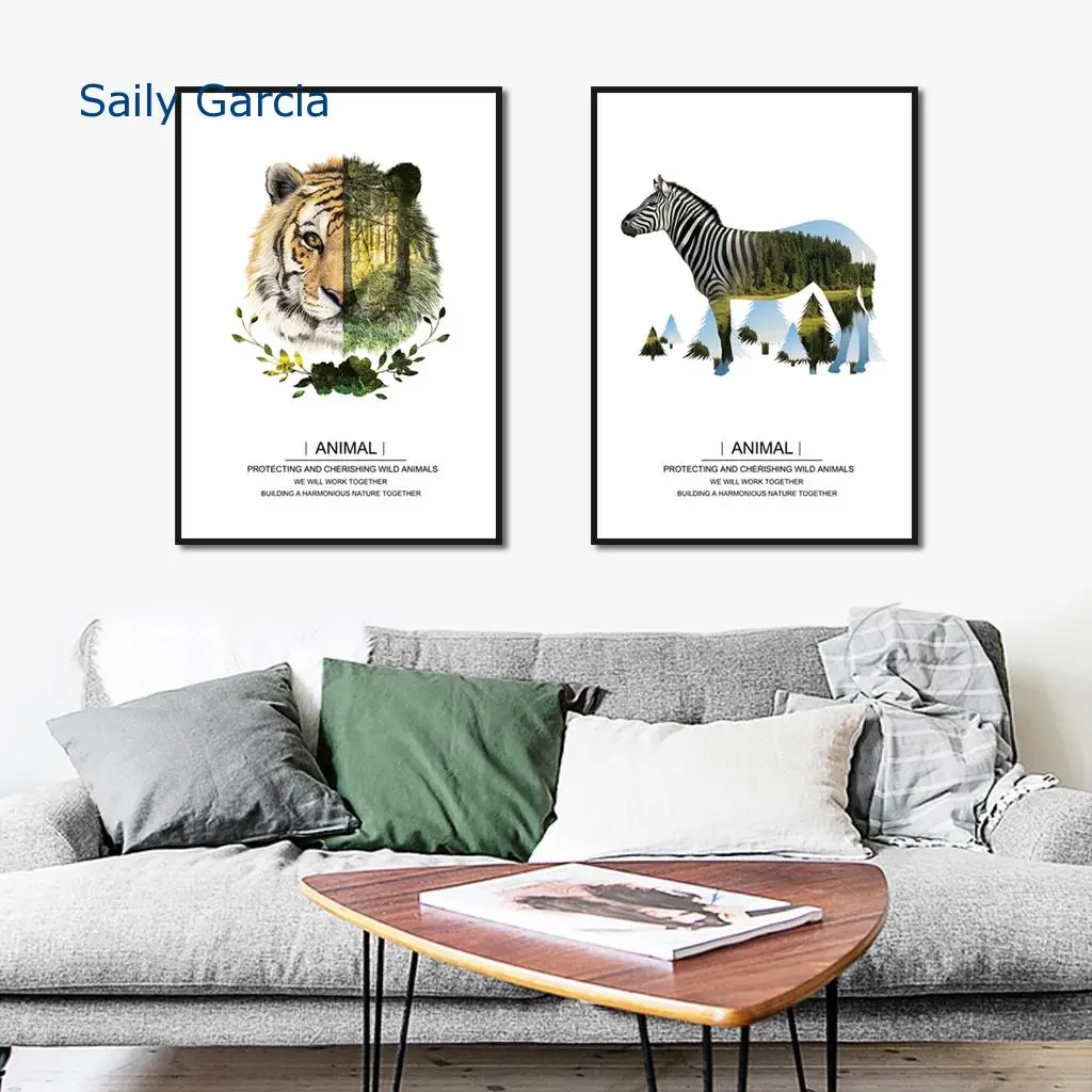

Animals Posters Silhouette Tiger Zebra Decorative Painting Forest Natural Scenery White Background Unframed Canvas Painting