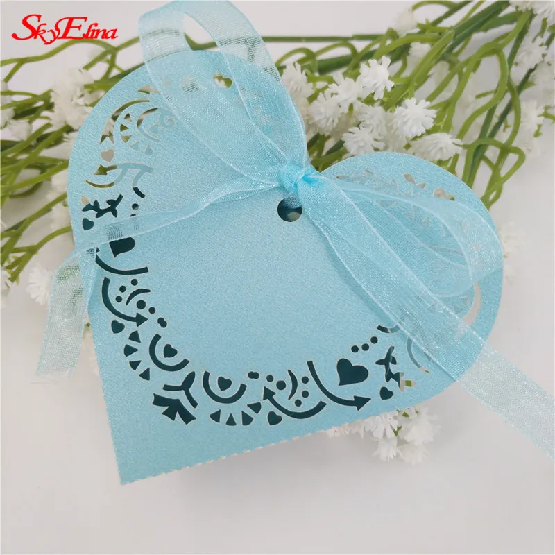 Sky Blue 50 шт. подарок в форме сердца коробки детский душ день рождения коробка конфет лазерная резка Подарочная сумка для детей партия коробка для свадебных сувениров 8Z - Цвет: Sky Blue