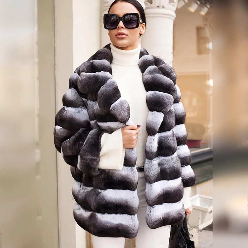 Women Real Chinchilla Color Rex Rabbit Fur Jacket Turn-down Collar Luxury Woman Winter New Genuine Rex Rabbit Fur Coats Outwear