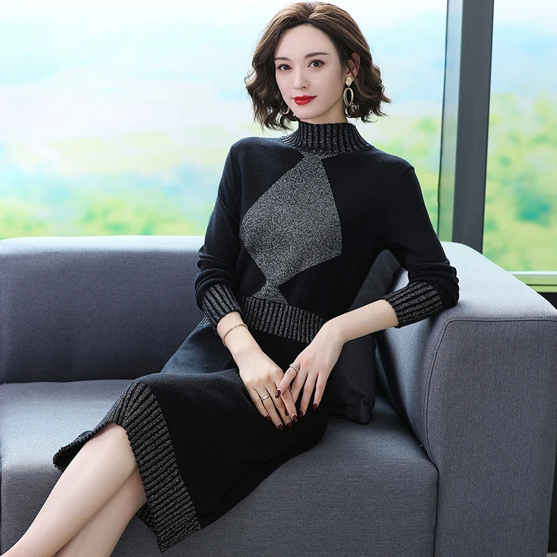 

Winter Knitted Dress For Women Turtleneck Patchwork Sweaters Knee-length Dresses Fall Long Sleeve Slim Vestidos Female DR001