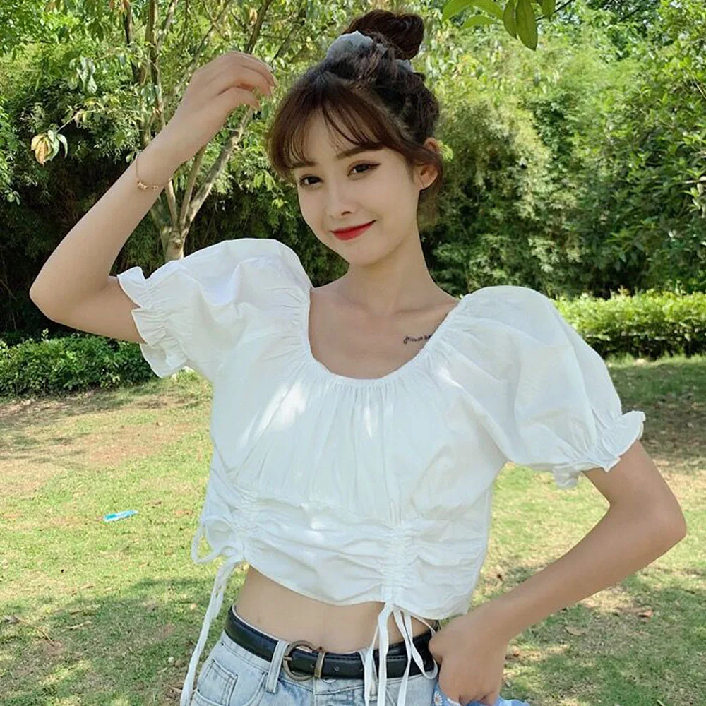 

Short-sleeved Shirt Women's Summer Short Sweater Retro Sense of Design Non-mainstream Drawstring Puff Sleeve Sexy Tops