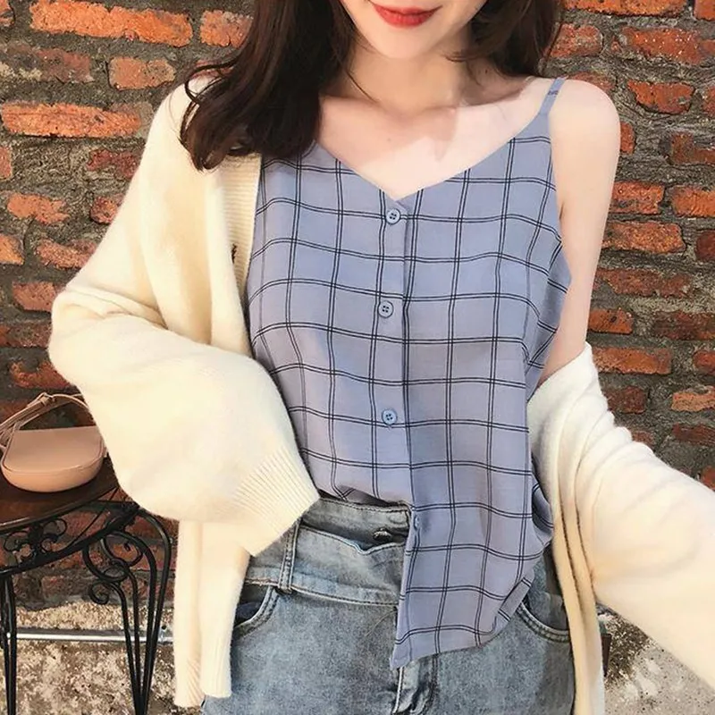 Женский Свободный укороченный топ Модный повседневный клетчатый Топ без рукавов