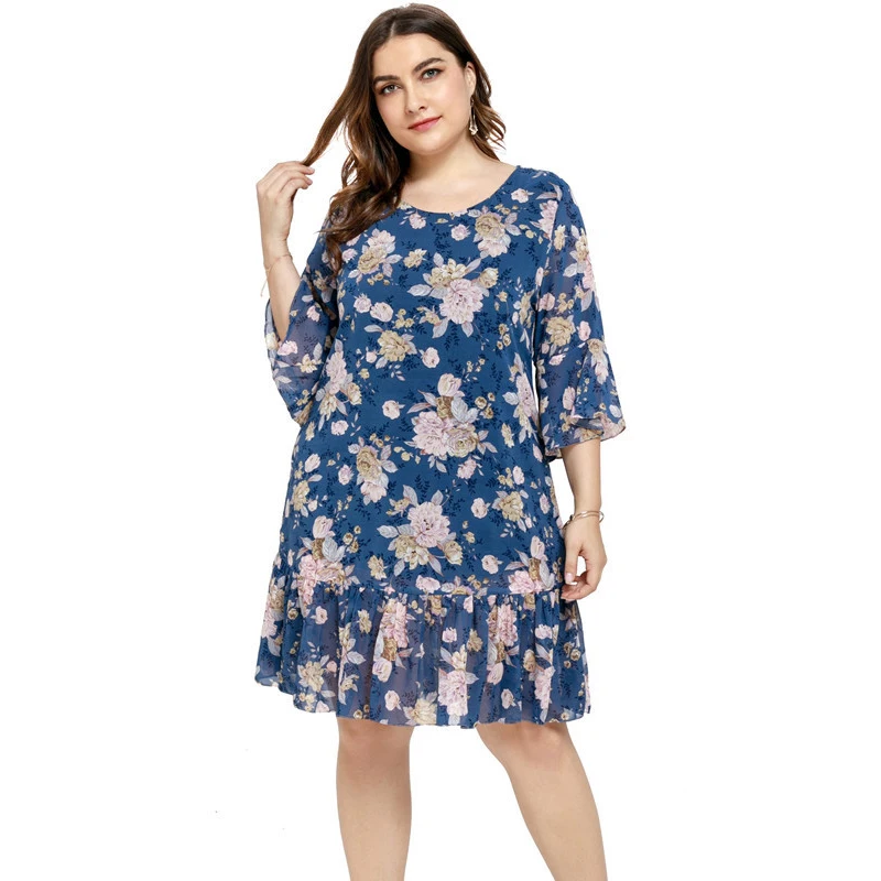 

New fashion summer oversize women elegant printed chiffon dress short sleeve O-neck ruffle loose dress Plus size 5XL female G895