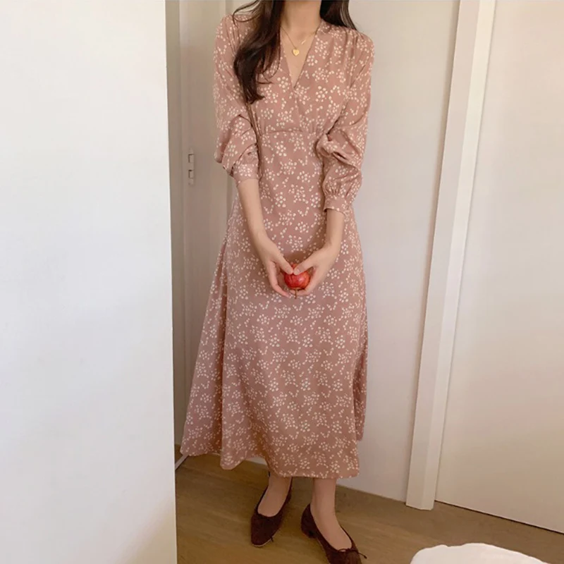 

Fresh Sweet Skirt Women's 2021 Spring New Simple Style Ladies Long Sleeves Floral Dress Mid-Length