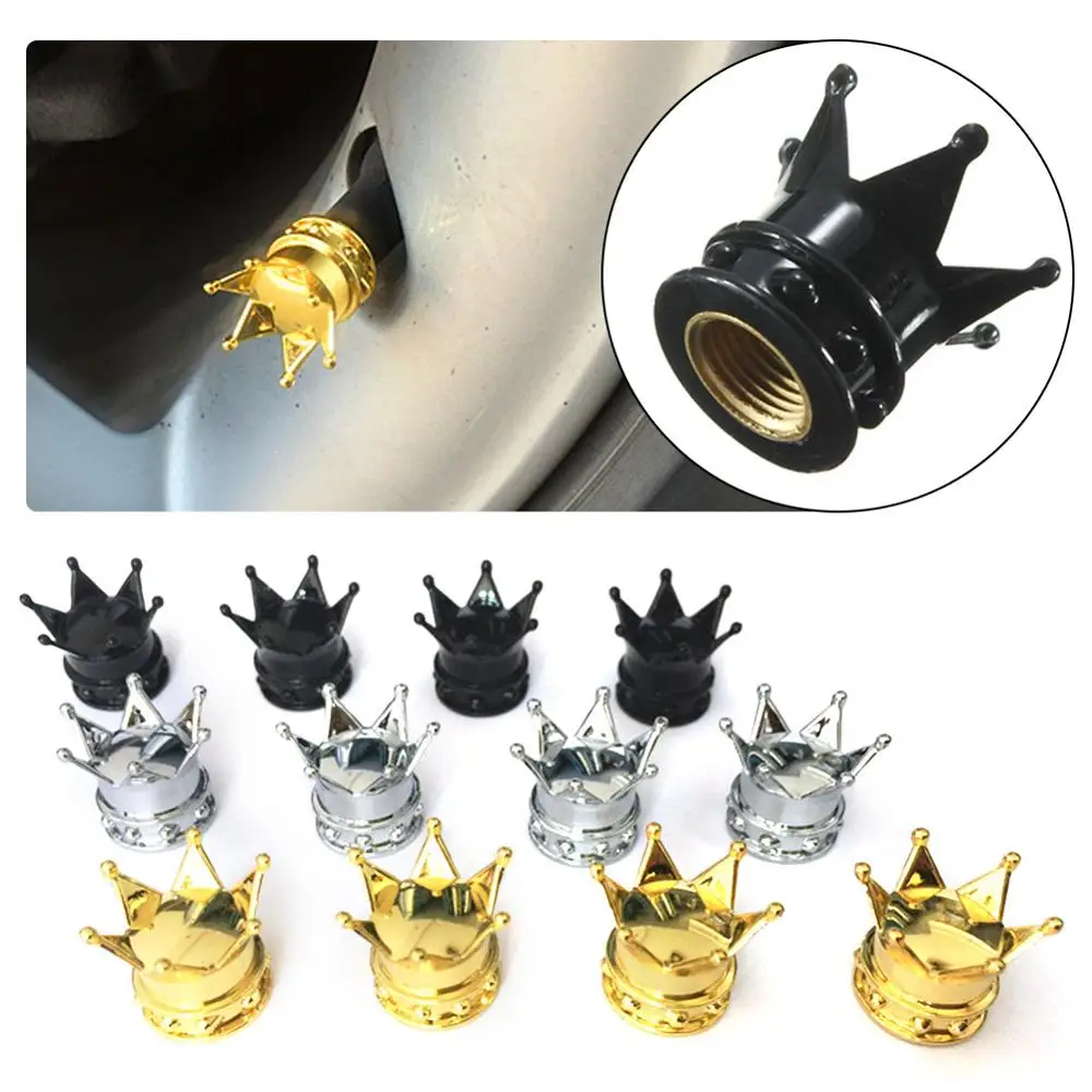 

4pcs Kings Crown Tyre Tire Wheel Stem Valve Air Dust Cover Caps For Car