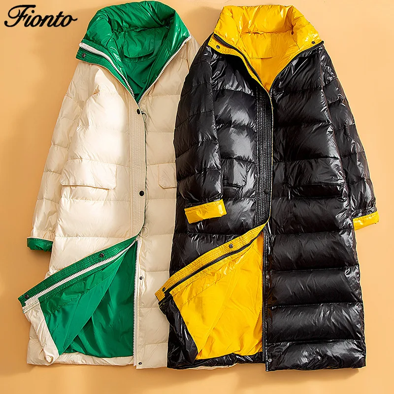Женский Двусторонний пуховик FIONTO длинная куртка из искусственной кожи с высоким