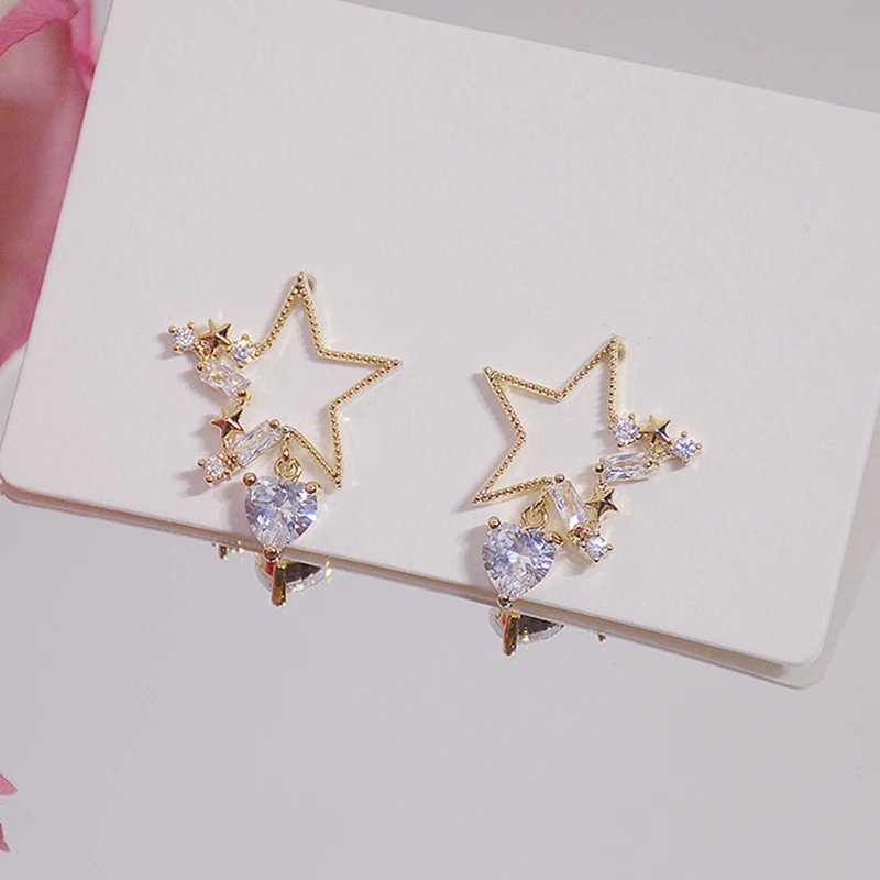 

France Temperament Crystal Heart Hollow Star Women Earring Bling Zirconia 14K Real Gold Stud Earrings Wedding Bizuteria Pendant