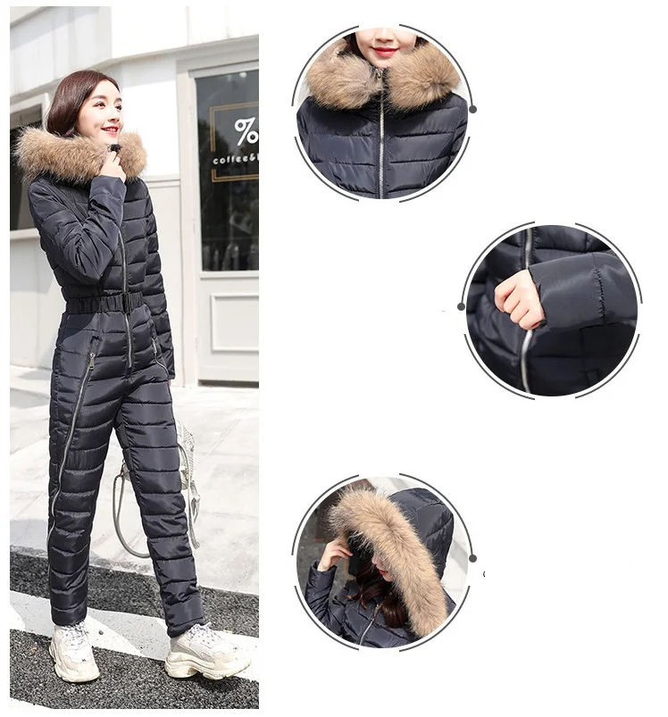 Winter new down cotton pad women fashion women two-piece cotton Raccoon Fur collar hooded thick warm jumpsuit women G1156