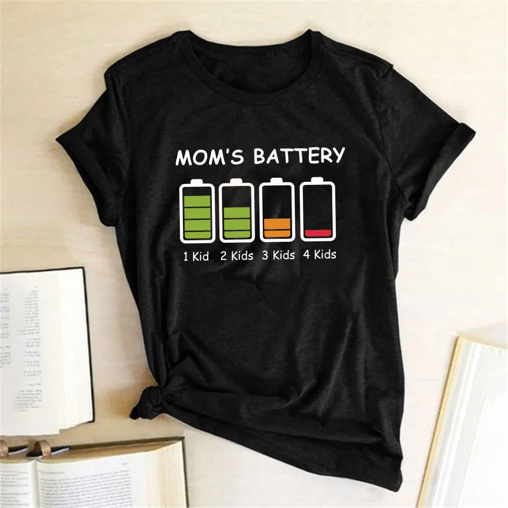 

Mom's Battery Print Funny Women T Shirt Plus Size Summer Loose Tee Shirt Femme Short Sleeve Round Neck Kawaii Top Woman Clothes