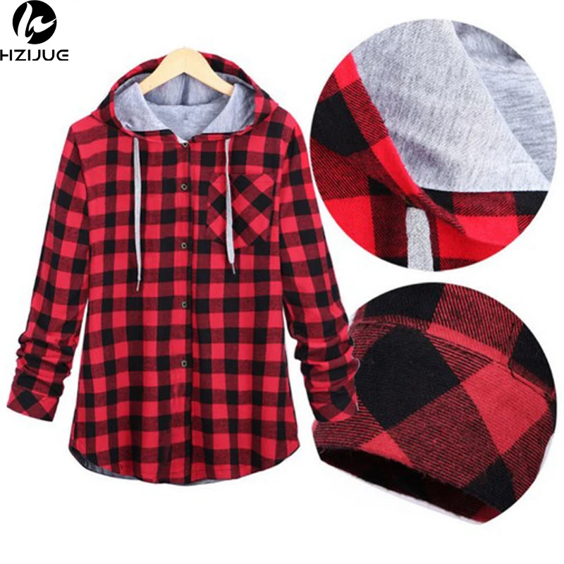 

HZIJUE Women Casual Red Plaid Shirt Hooded Long Sleeve England Shirt Tops Men Harajuku Black Checkered Blouse Couple Clothes