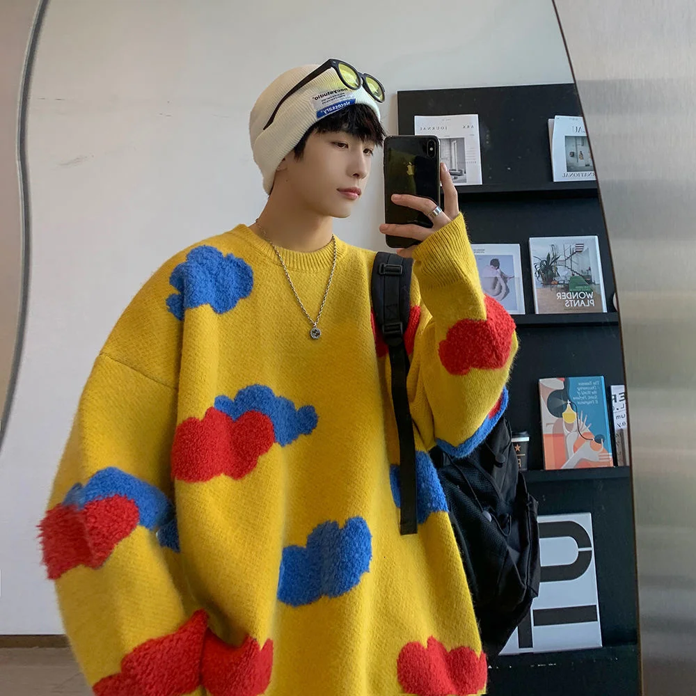 

Мужской свитер с контрастным принтом, Осень-зима 2021, свободная повседневная Уличная одежда в гонконгском стиле, мужские вязаные свитера с к...