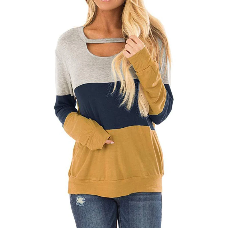 Весна и осень 2020 женский свободный топ с цветными блоками на груди