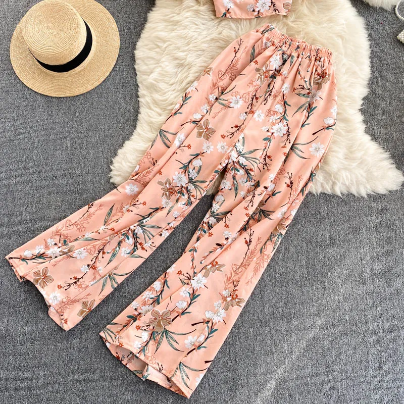 

Fitaylor Summer Lady Idyllic Style Suit Women Holiday Style Chiffon Printing Two Piece Set Short Shirt High Waist Wide Leg Pants