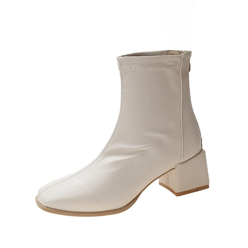 2022 autumn new ladies boots leather fashion ladies casual high heels round zipper Botines De Mujer square heel