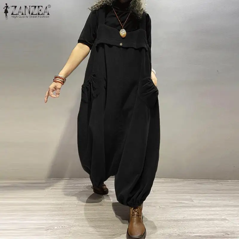 Vintage Corduroy Jumpsuits Women's Autumn Rompers 2021 ZANZEA Casual Solid Drop-Crotch Pants Plus Size Suspender Playsuits 5XL